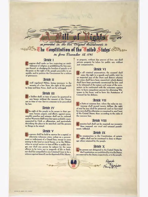 2 4th Image of the U.S. Bill of Rights, featuring ten original amendments, elegantly handwritten with decorative borders and a seal.Image of the U.S. Bill of Rights, featuring ten original amendments, elegantly handwritten with decorative borders and a seal.