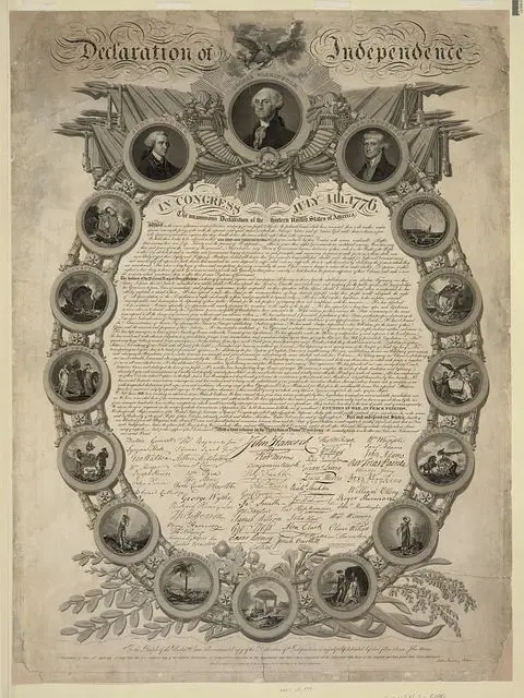 2 Declaration of Independence A historical document of the Declaration of Independence, surrounded by 16 portraits and illustrated symbols of American freedom.